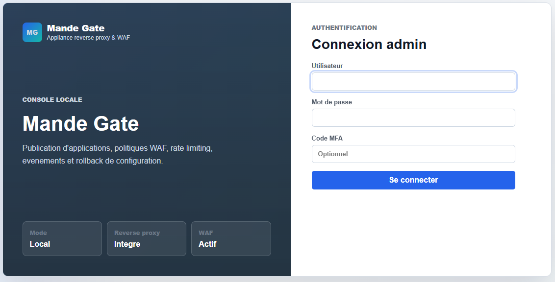 Écran de connexion de la console Mande Gate : authentification administrateur avec MFA, reverse proxy intégré et WAF actif
