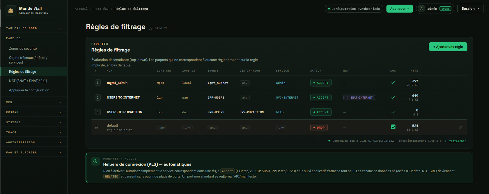 Console Mande Wall — table des règles de filtrage : zones, sources, destinations, services, actions ACCEPT/DROP, compteurs de hits