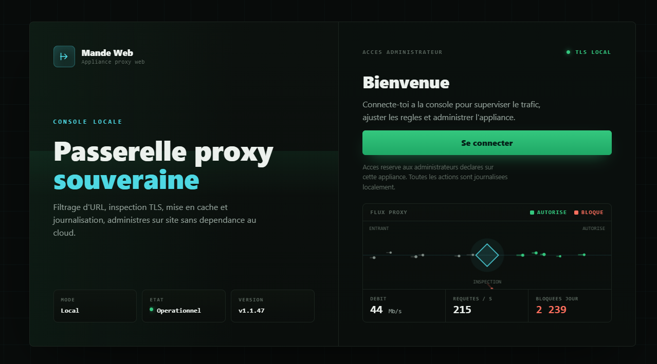 Écran de connexion de la console Mande Web : accès administrateur journalisé, aperçu des flux proxy avec inspection, débit et requêtes bloquées