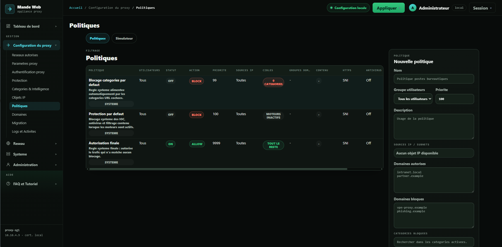 Console Mande Web — politiques de filtrage ordonnées par priorité avec simulateur, actions BLOCK/ALLOW et création guidée